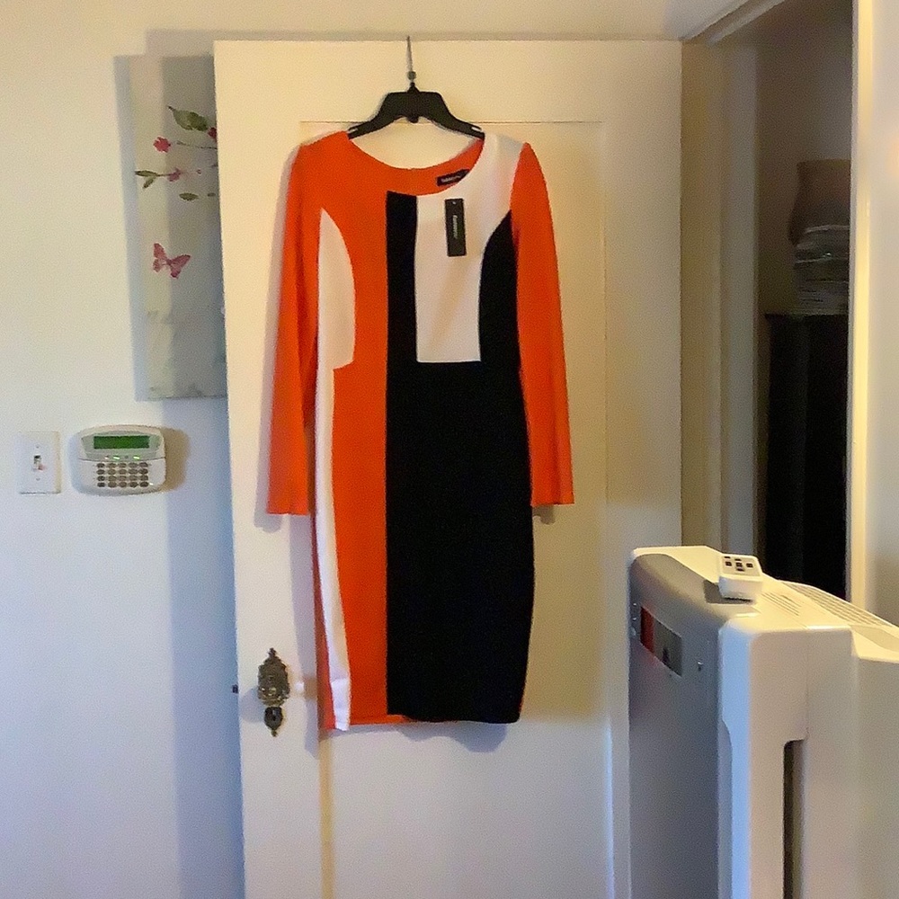 Color Block Orange, White and Black Dress